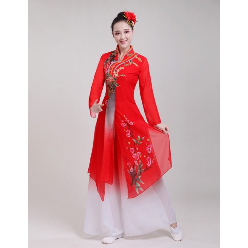 Wholesale chinese folk dance costumes red women fan umbrella yangko ancient traditional classical dance dress